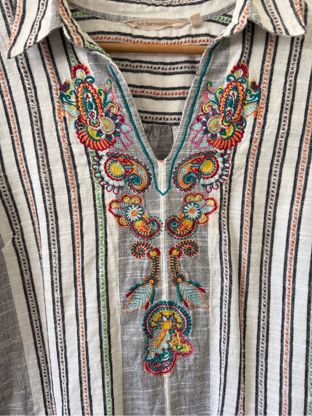 Soft Surroundings Embroidered Stripe Cotton Tunic Top Size Large Boho Lagenlook - Picture 13 of 16
